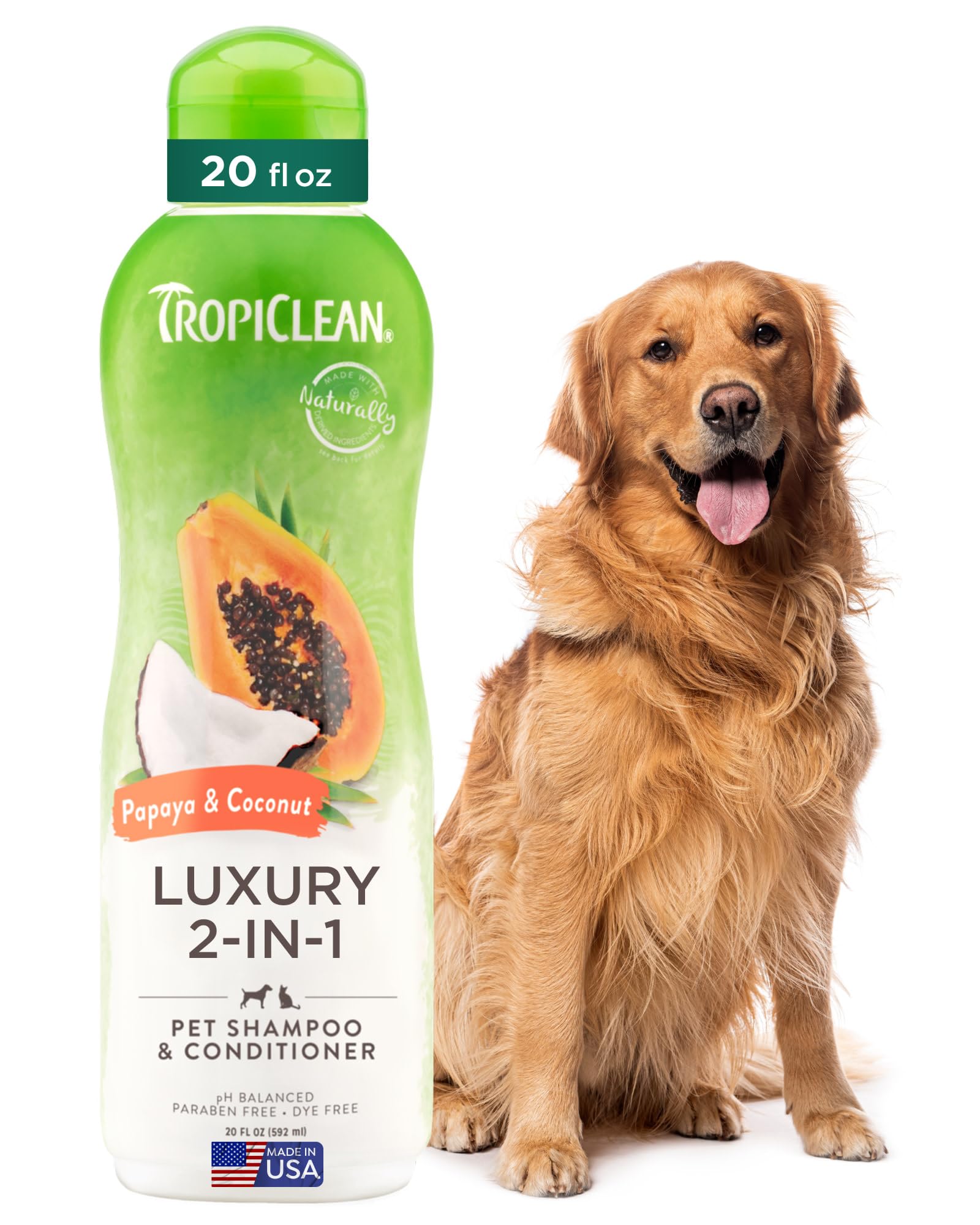 TropiClean 2-en-1 champú para perros, botella papaya, limpia y perfuma suavemente.