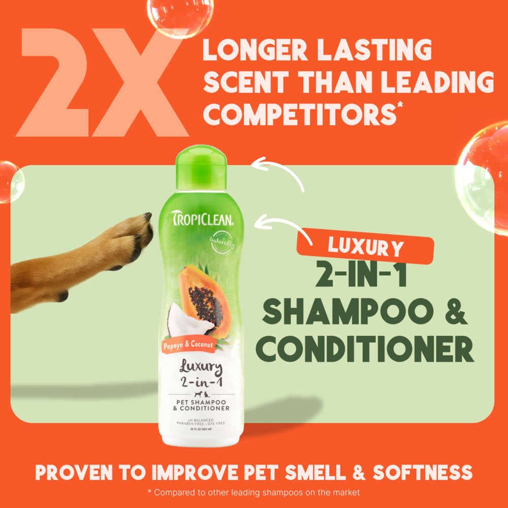 TropiClean 2-en-1 champú para perros, desenreda el pelaje facilitando cepillado.
