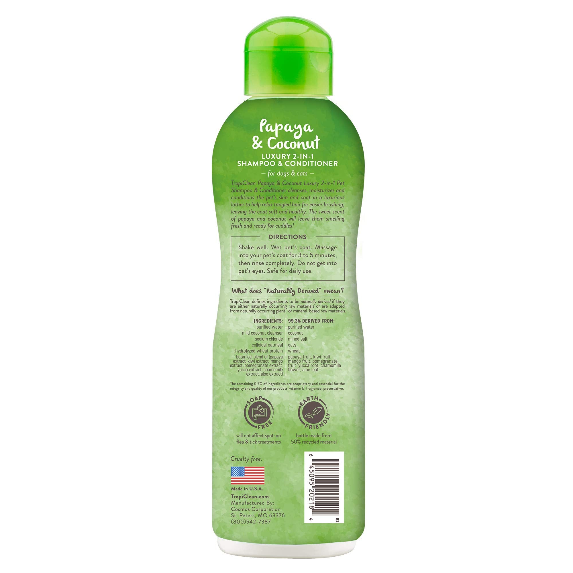 TropiClean 2-en-1 champú para perros, espuma densa para lavado rápido.