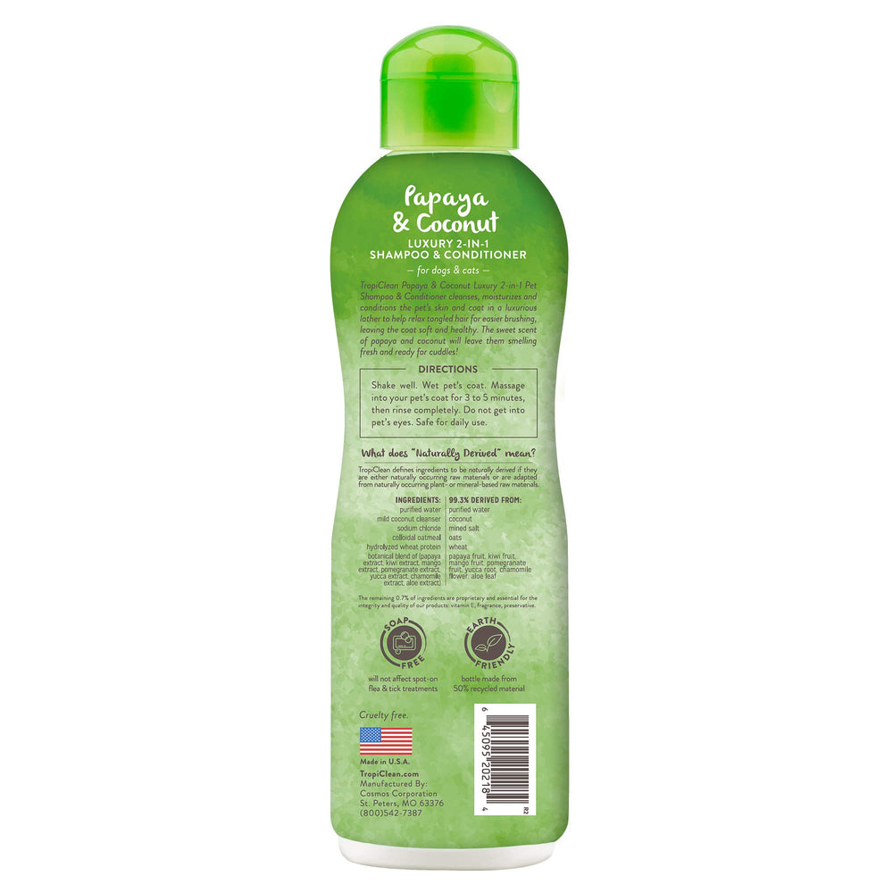 TropiClean 2-en-1 champú para perros, espuma densa para lavado rápido.