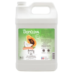 TropiClean 2-in-1 dog shampoo bottle shows gentle cleansing for pets.