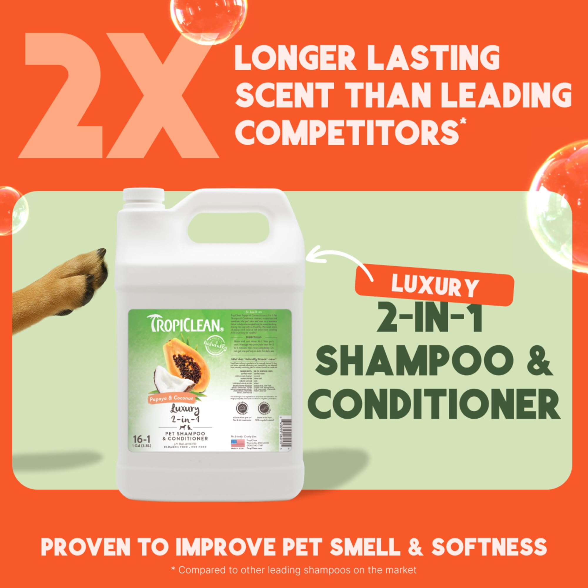 TropiClean 2-in-1 dog shampoo foamy lather demonstrates easy brushing.