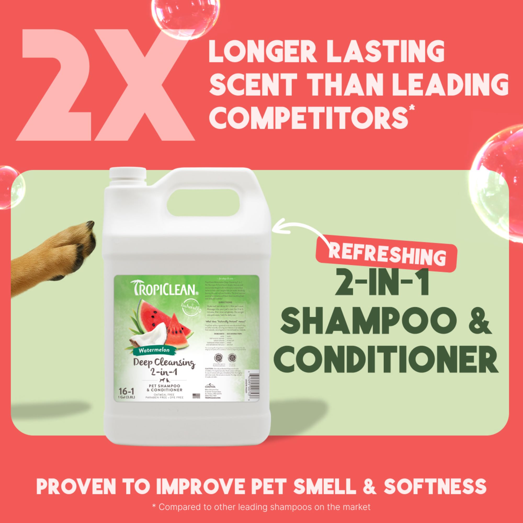 TropiClean 2-in-1 dog shampoo foamy lather close-up showing rich cleansing.