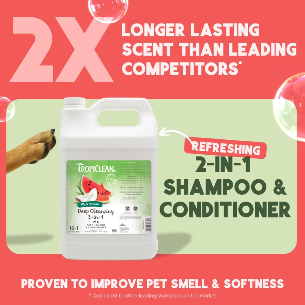 TropiClean 2-in-1 dog shampoo foamy lather close-up showing rich cleansing.