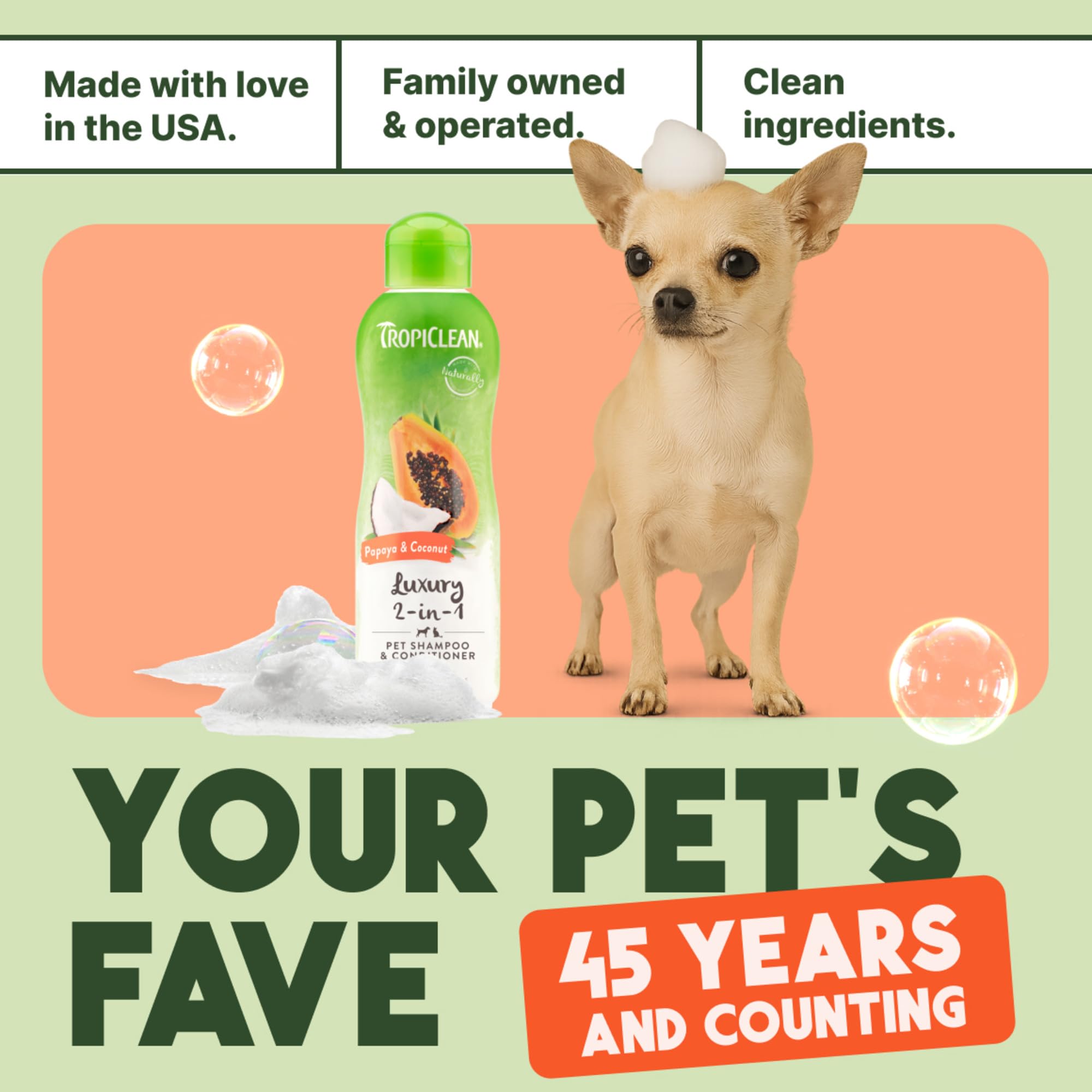 TropiClean 2-in-1 puppy-safe label appeals to gentle care for puppies.