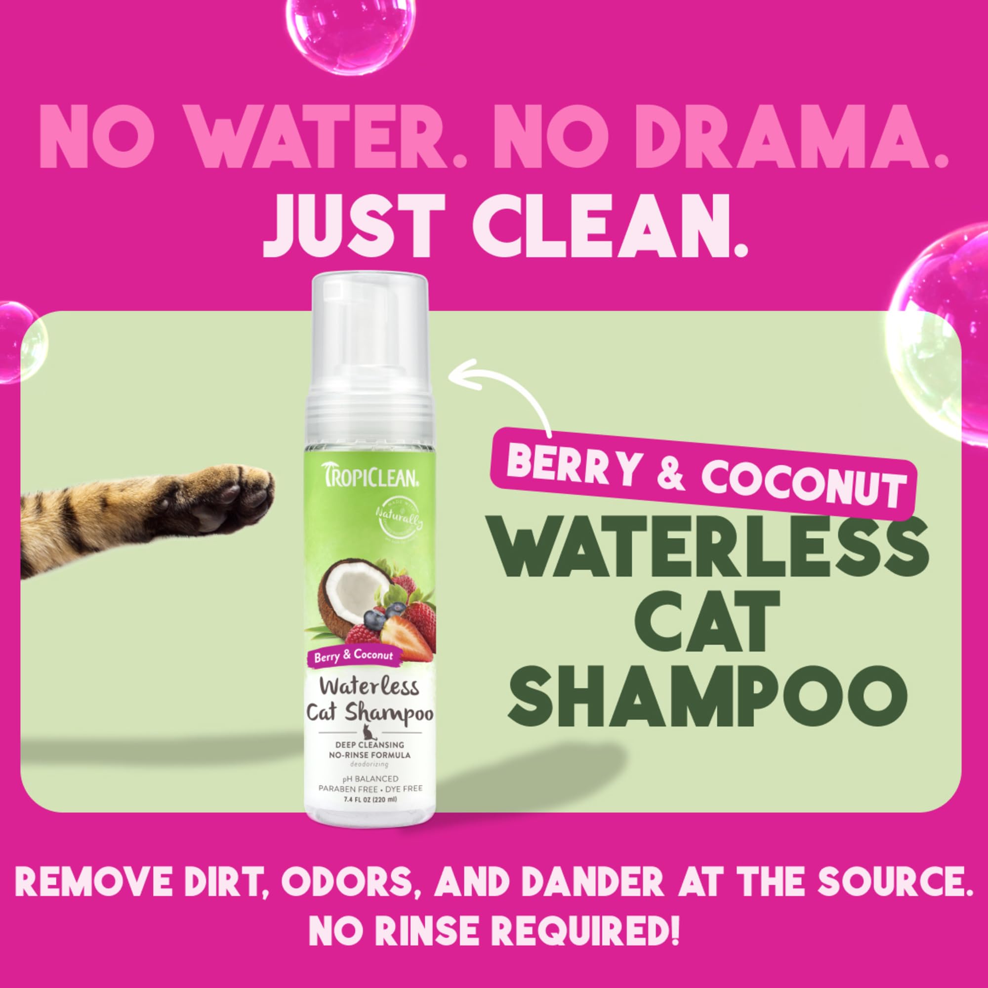 TropiClean bayas y coco, aroma frutal para refrescar el pelaje de tu gato.