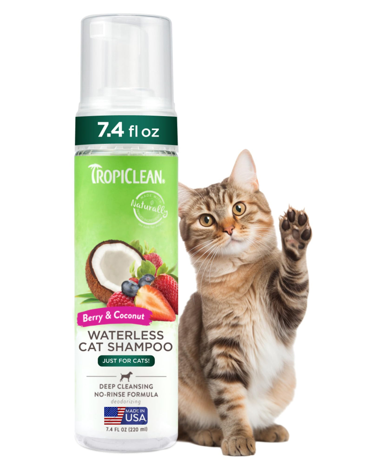 TropiClean bayas y coco, botella del champú sin enjuague para baño rápido de gatos.