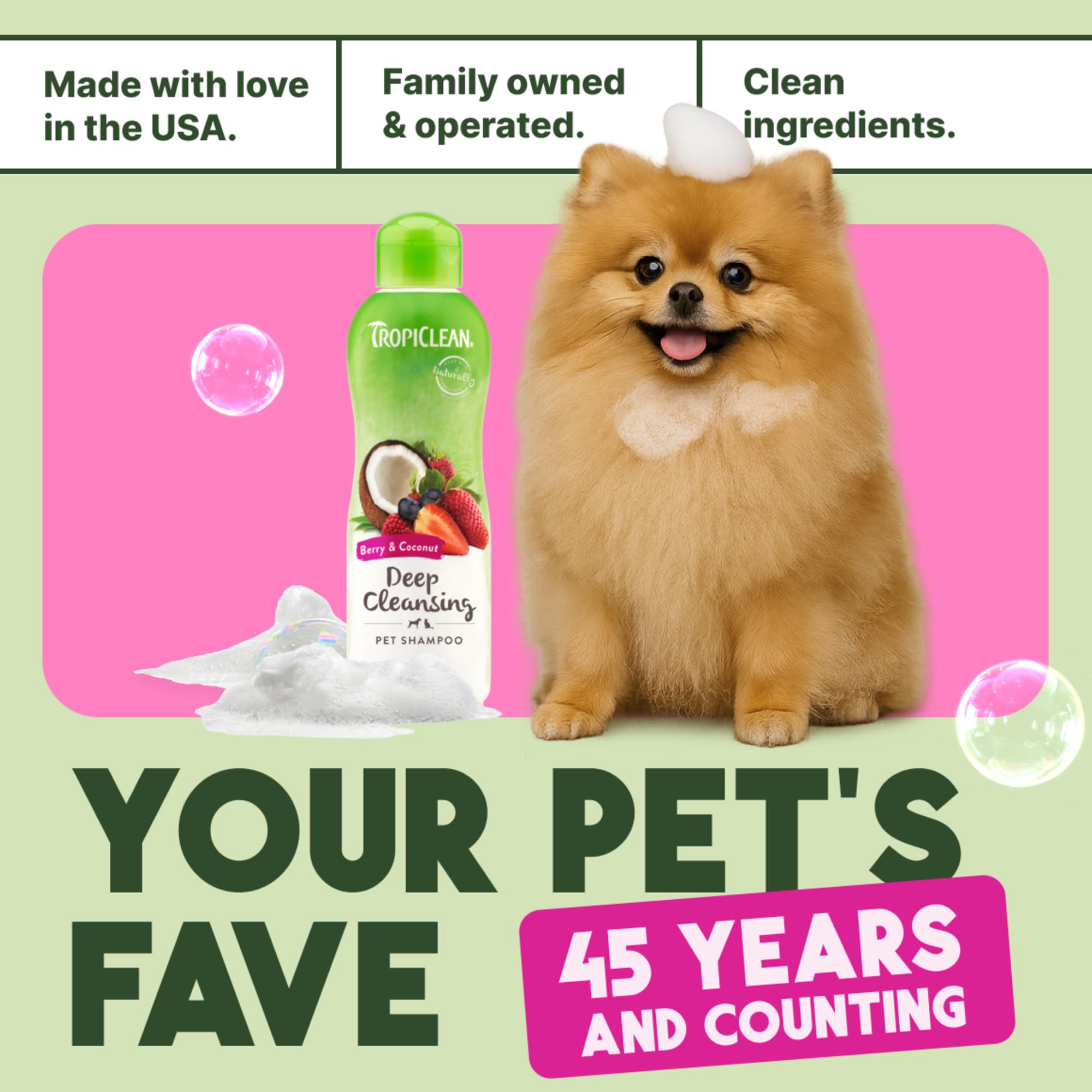 TropiClean deodorizing dog shampoo 5X cleaning power demonstrates strong odor removal.