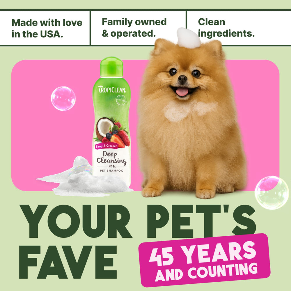 TropiClean deodorizing dog shampoo 5X cleaning power demonstrates strong odor removal.