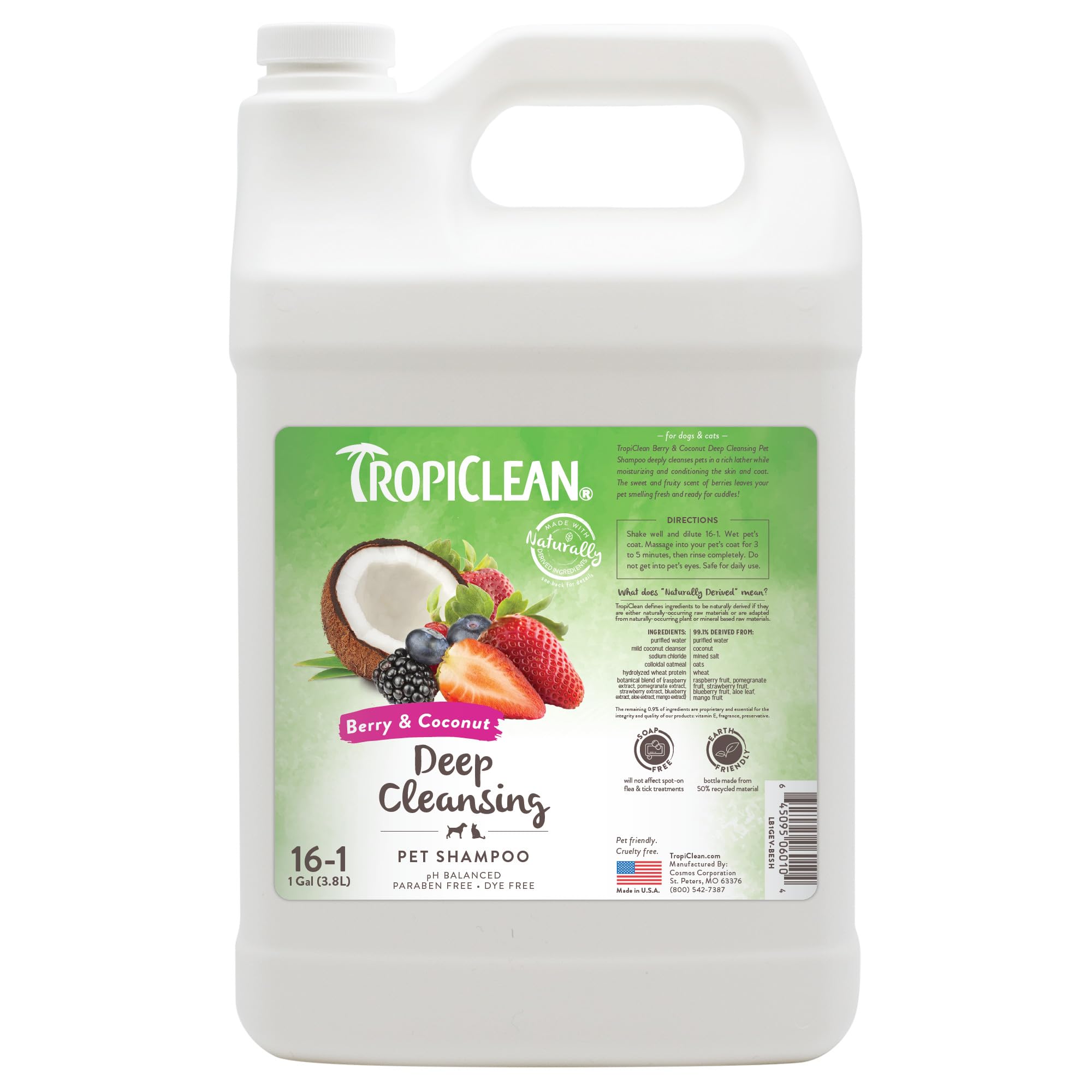 TropiClean deodorizing dog shampoo bottle with long-lasting berry scent for odor control.