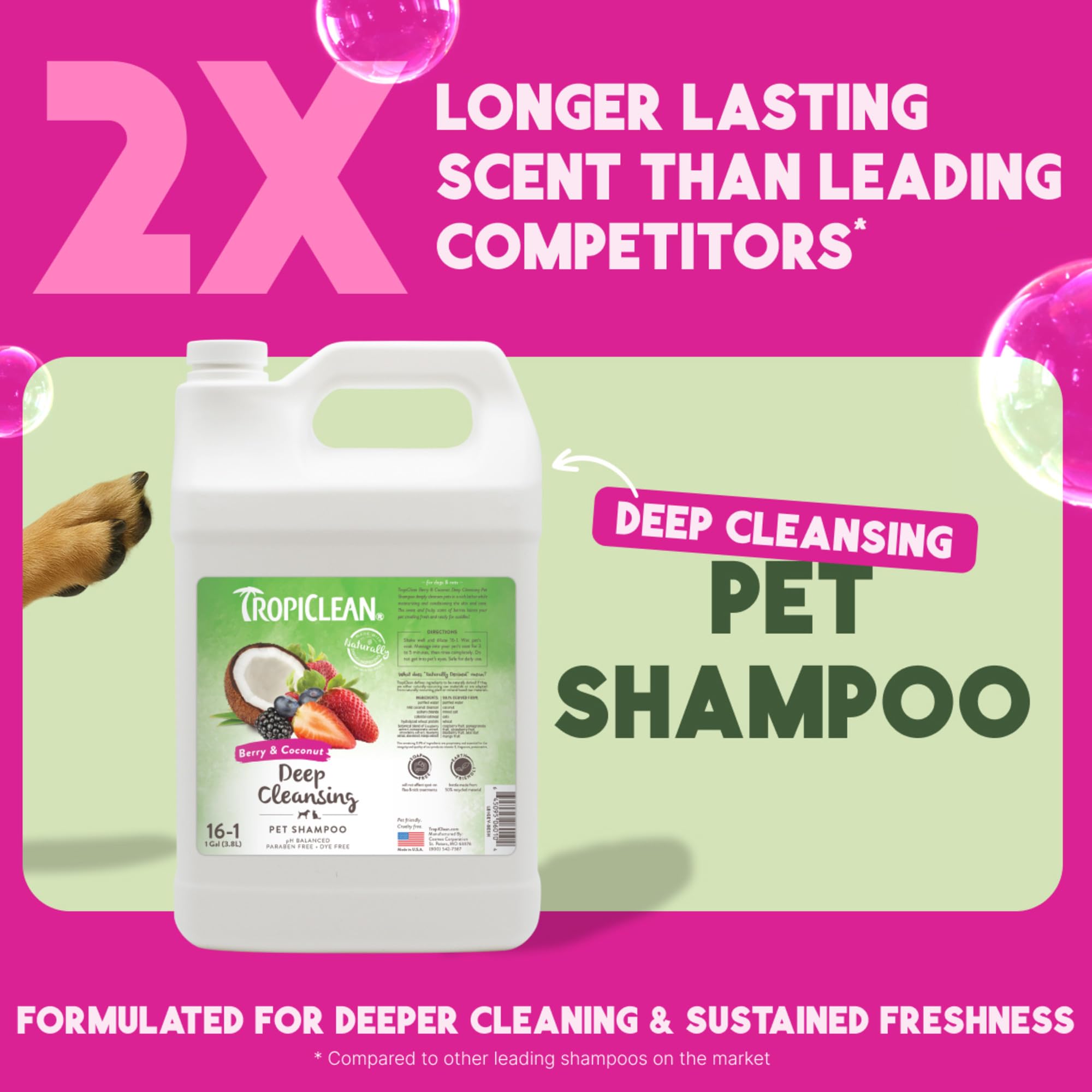 TropiClean deodorizing dog shampoo foam lather demonstrates easy application and thorough cleaning.