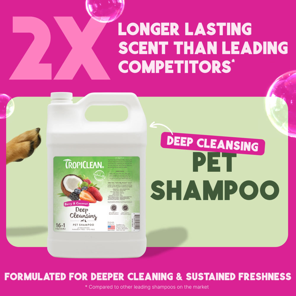 TropiClean deodorizing dog shampoo foam lather demonstrates easy application and thorough cleaning.