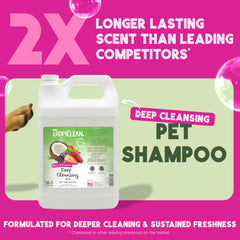 TropiClean deodorizing dog shampoo foam lather demonstrates easy application and thorough cleaning.