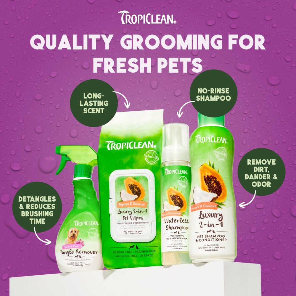 TropiClean etiqueta Hecho en EE. UU., producto de calidad.