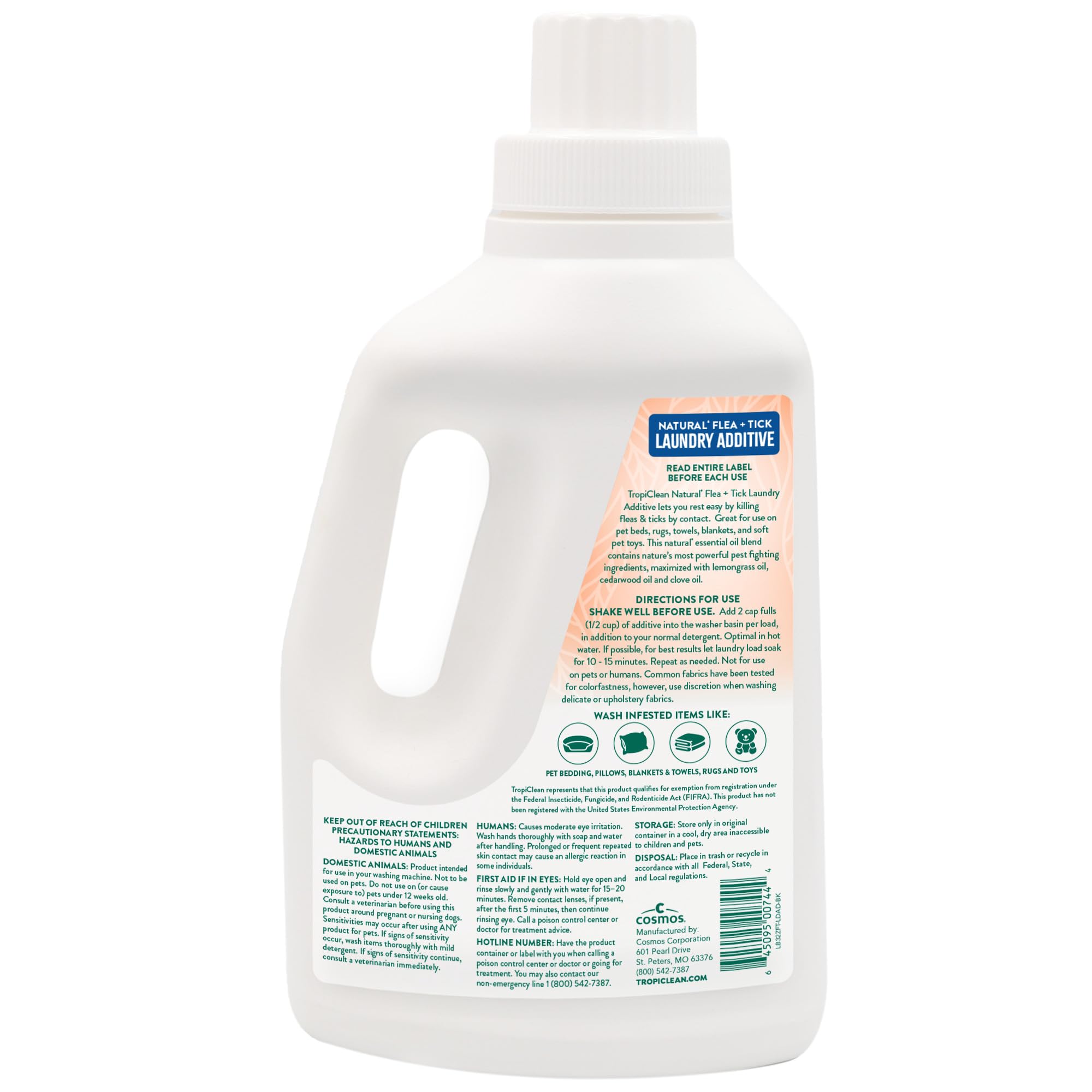 TropiClean flea-tick-laundry-additive measuring cup demonstrates 1/2 cup dosing for best results