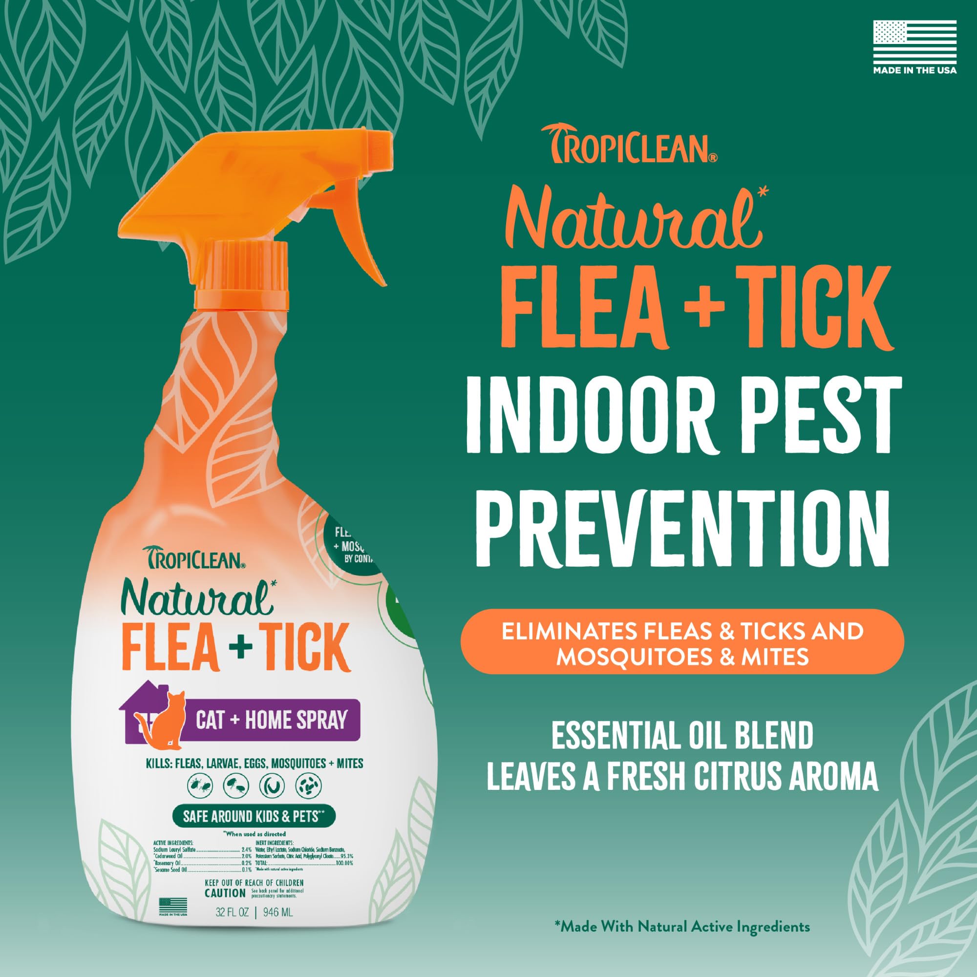 TropiClean flea-tick-spray bottle-closeup highlights the USA-made formula with cedarwood and rosemary.