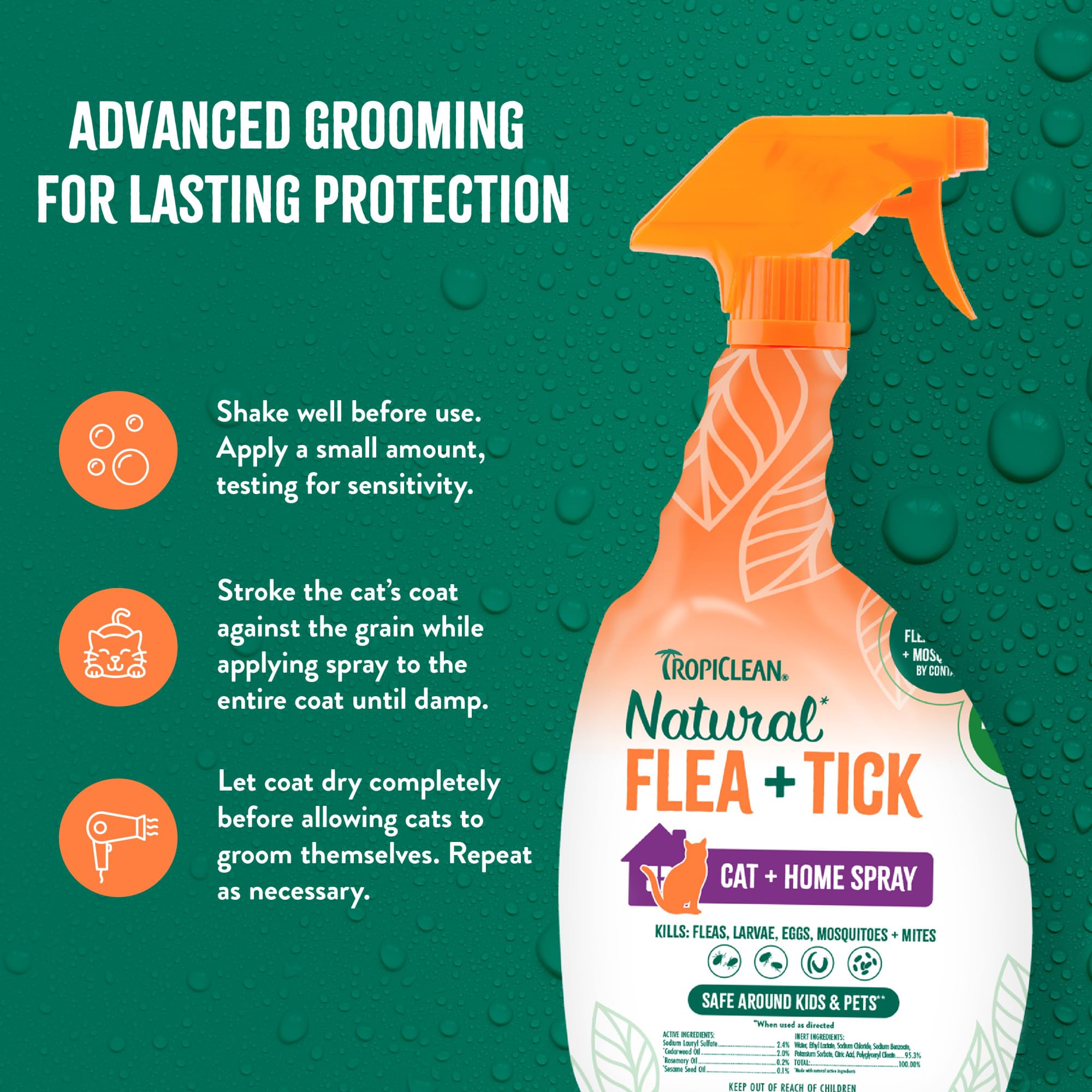TropiClean waterless-application demonstrates no-bath convenience and rapid coat drying.