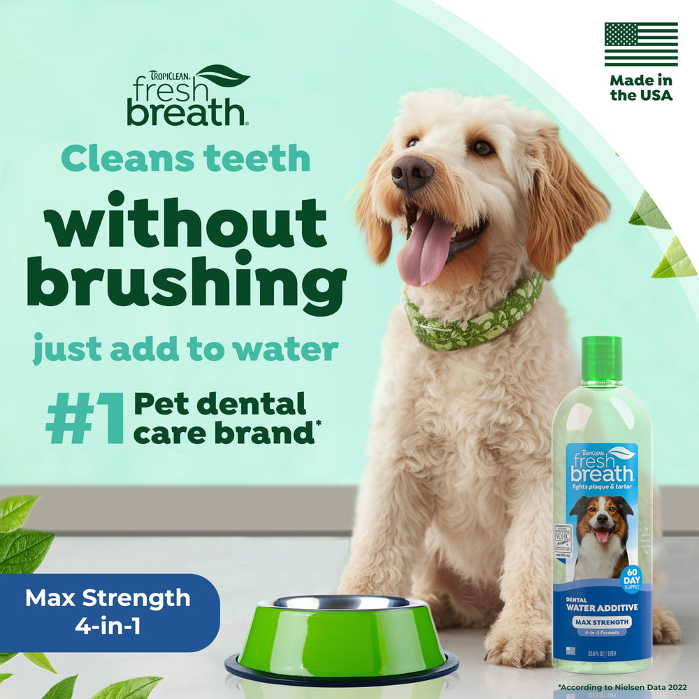 TropiClean Fresh Breath pour shot shows easy mixing into water for daily use