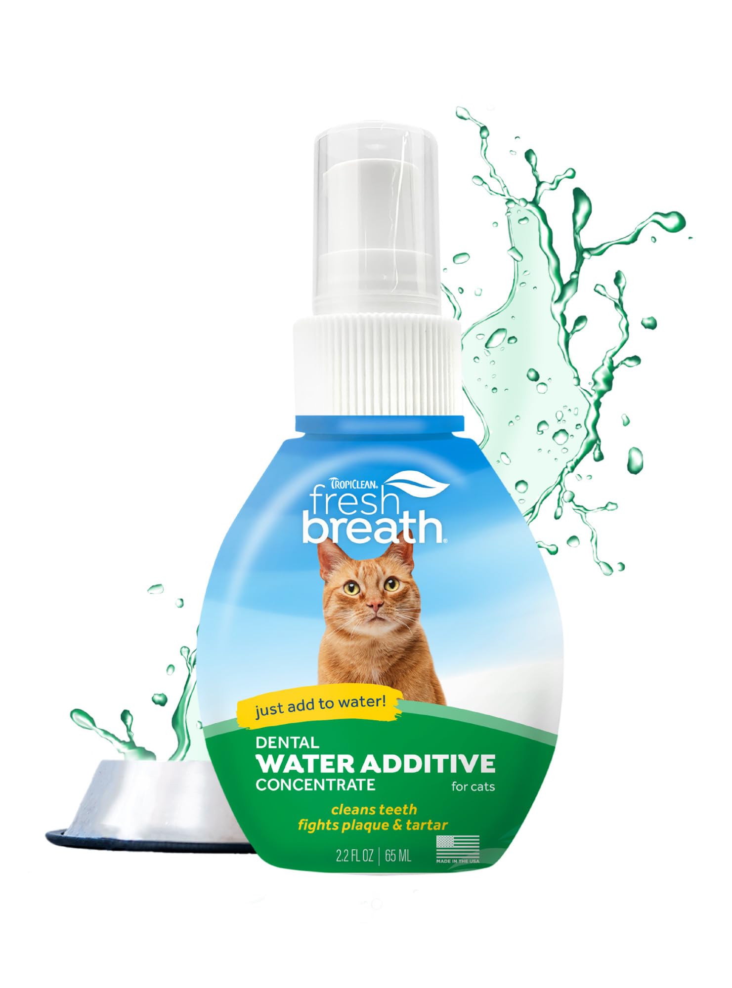 TropiClean Fresh Breath Drops cat bottle pour for quick on-the-go breath support.