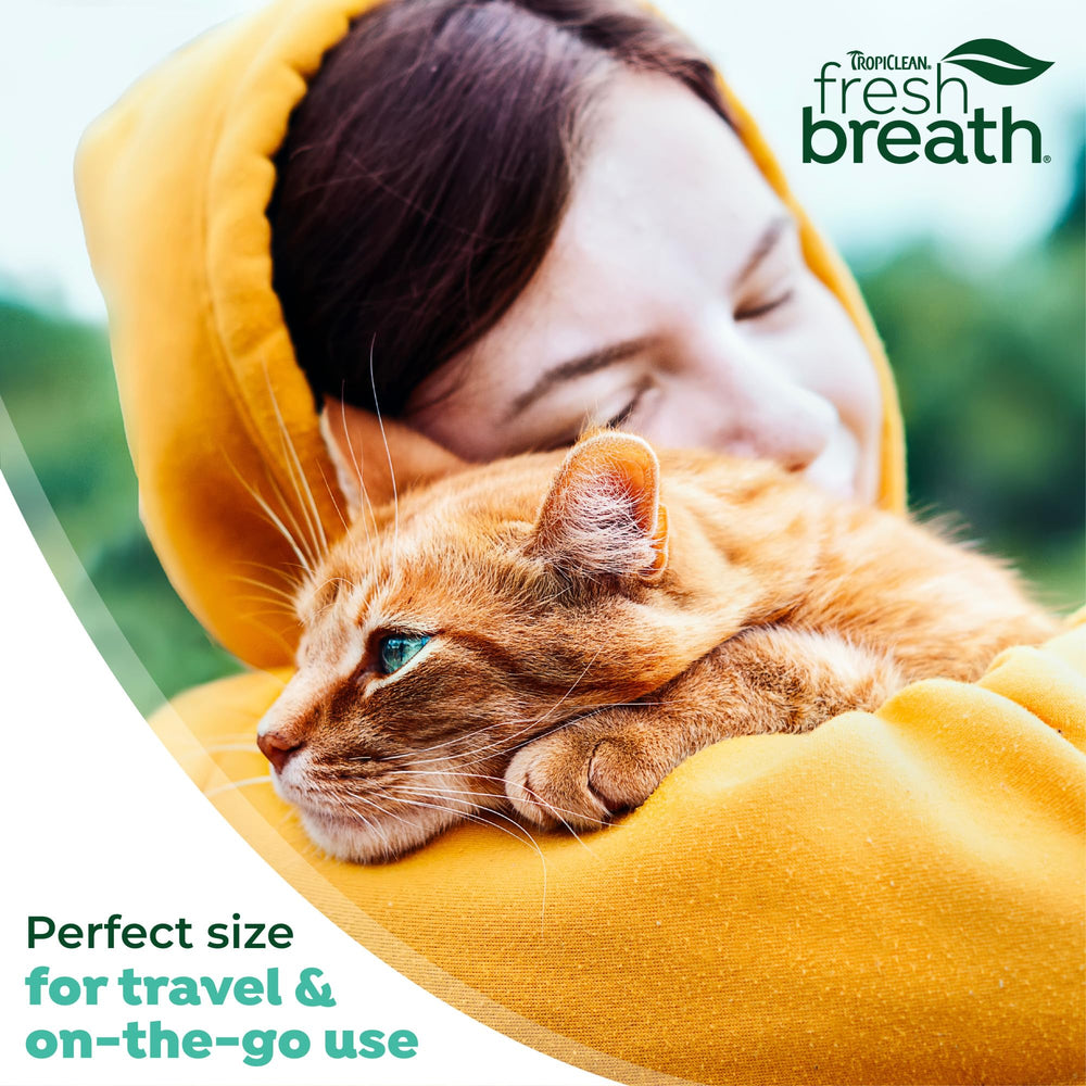 TropiClean Fresh Breath Drops travel packaging emphasizes convenient dental care away from home.