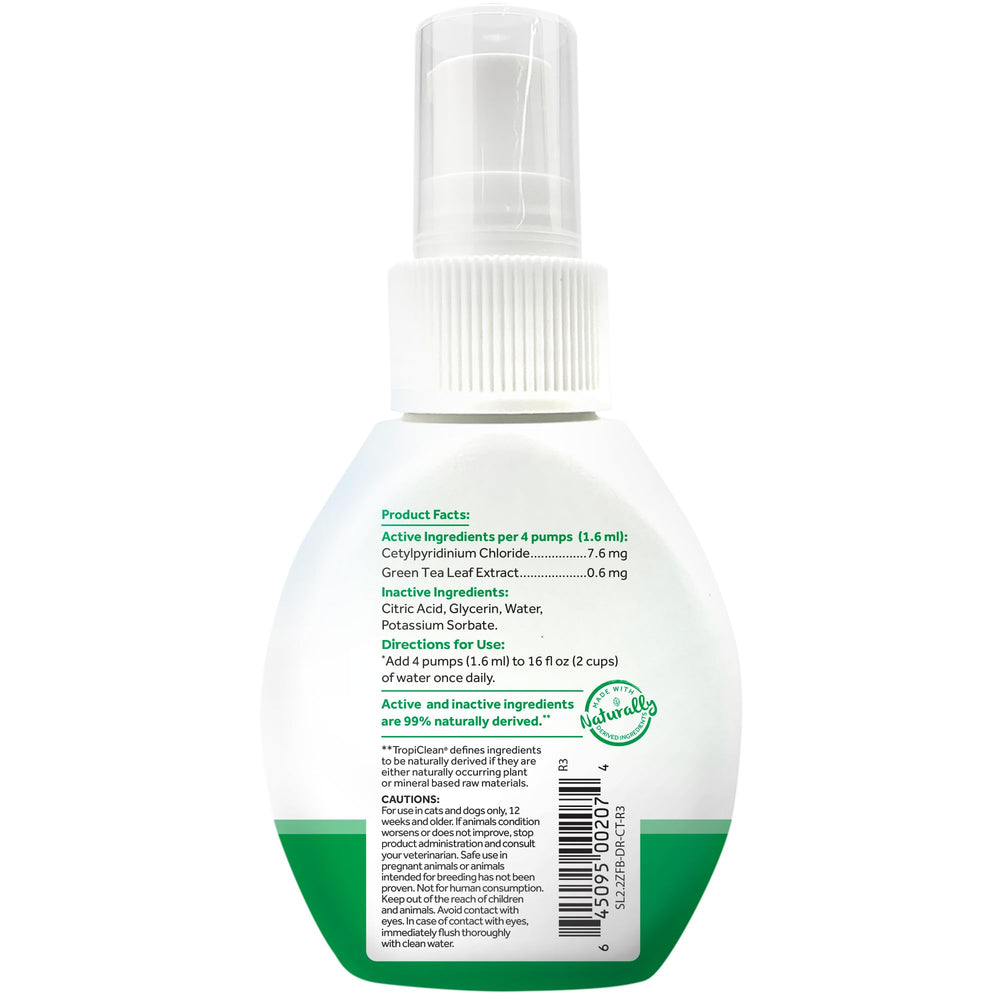 TropiClean Fresh Breath Drops travel size bottle highlights portable dental care for cats.