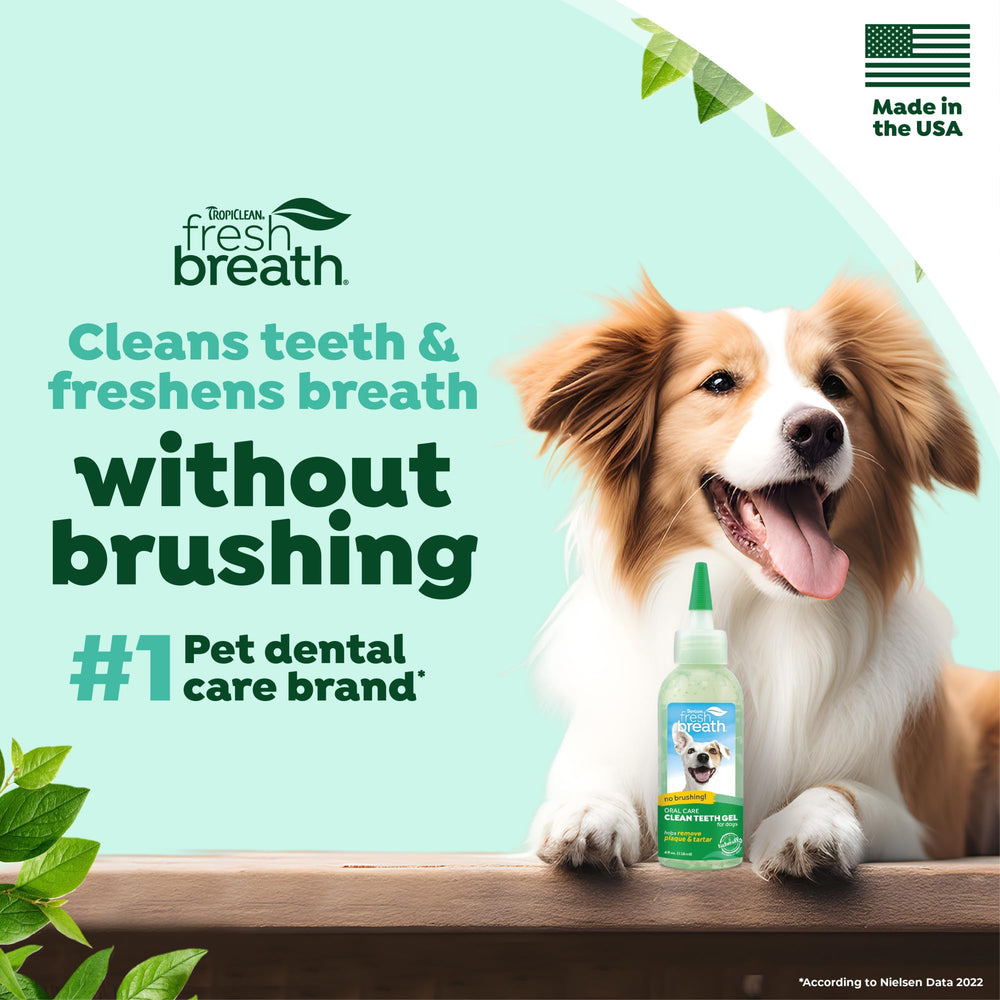 TropiClean Fresh Breath gel packaging shows safe, natural ingredients for daily use