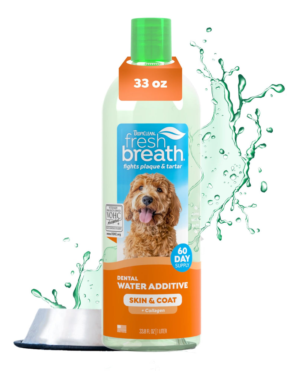 TropiClean Fresh Breath Water Additive bottle pour shows simple daily breath-freshening for dogs