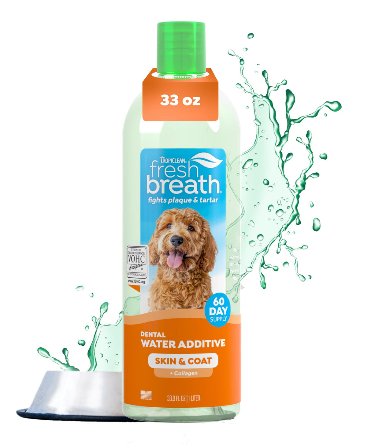 TropiClean Fresh Breath Water Additive bottle pour shows simple daily breath-freshening for dogs