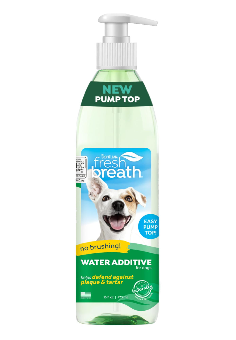 TropiClean Fresh Breath Water Additive bottle pour for easy no-brush breath refresh