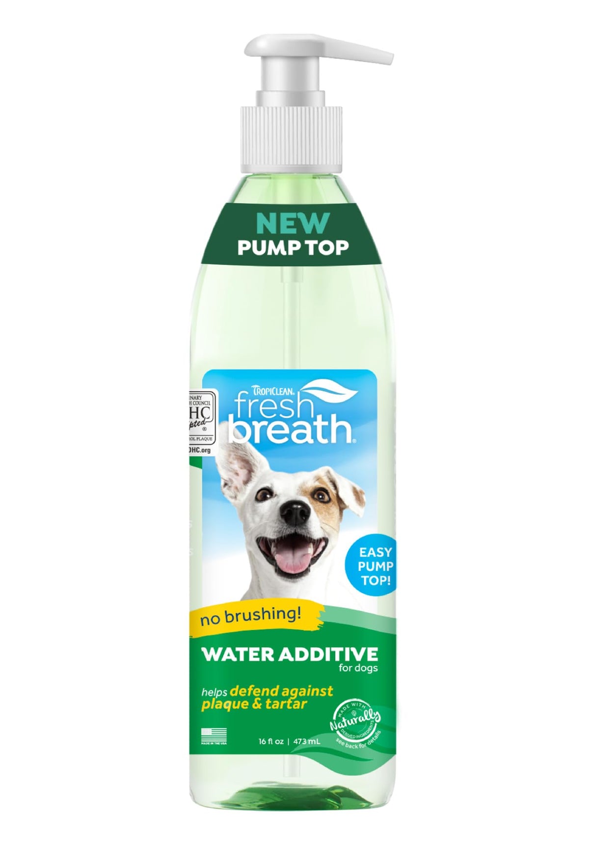 TropiClean Fresh Breath Water Additive bottle pour for easy no-brush breath refresh