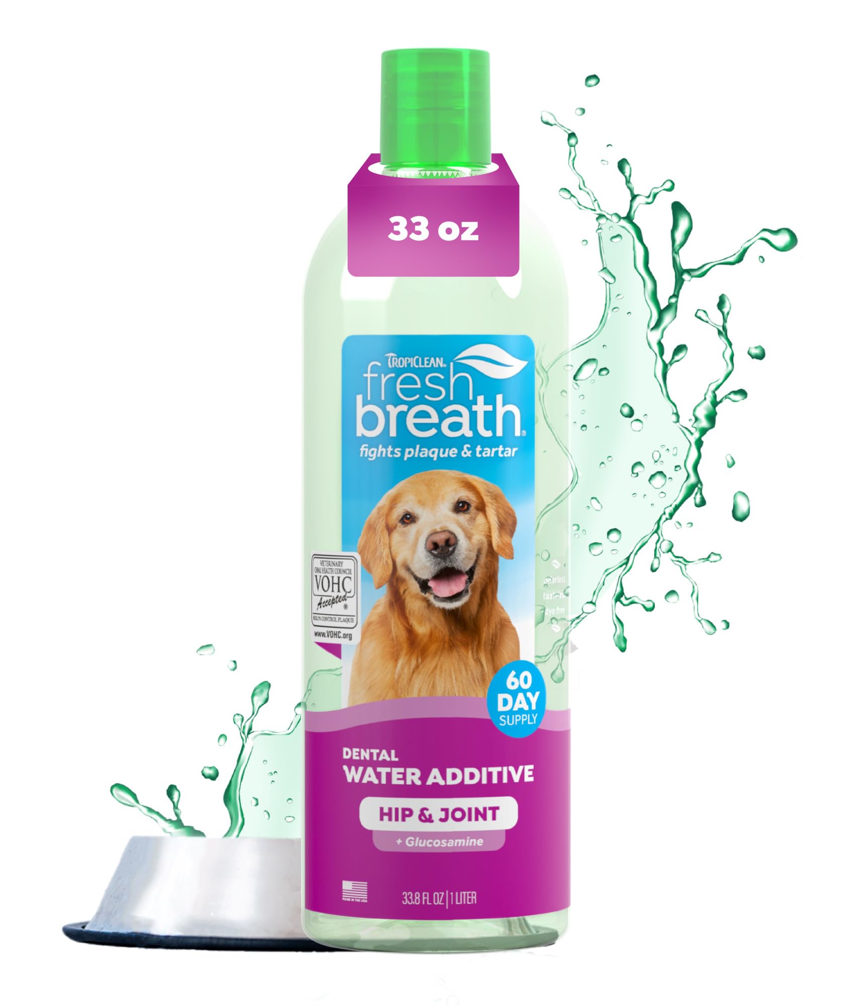 TropiClean Fresh Breath Water Additive bottle being poured into a dog's water bowl