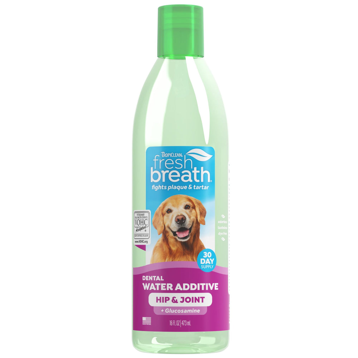 TropiClean Fresh Breath Water Additive bottle promotes fresh dog breath