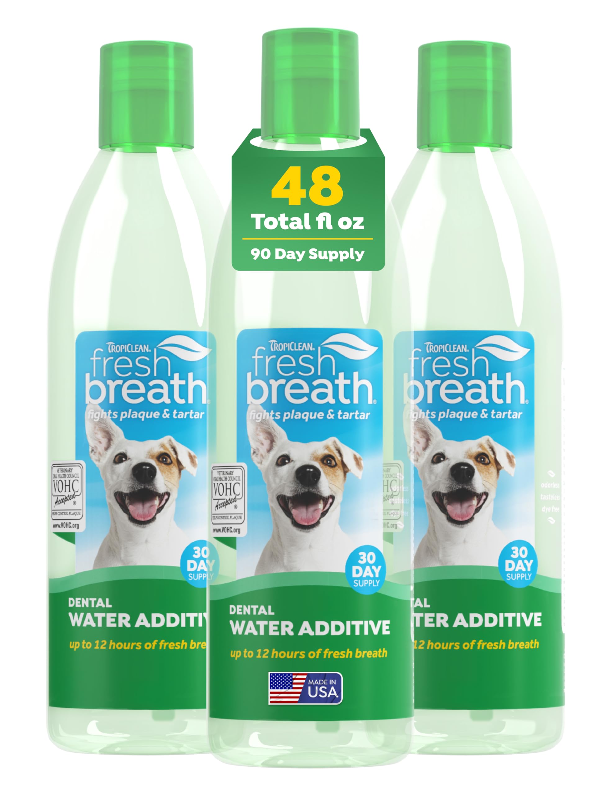 TropiClean Fresh Breath Water Additive bottle-pour demonstrates easy, no-brush breath freshening for dogs.
