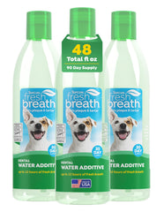 TropiClean Fresh Breath Water Additive bottle-pour demonstrates easy, no-brush breath freshening for dogs.