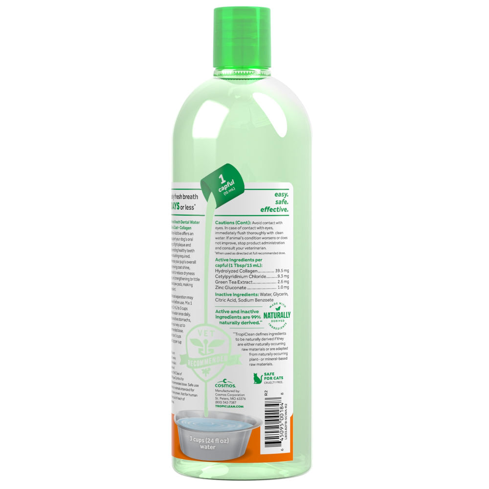 TropiClean Fresh Breath Water Additive in dog bowl highlights tasteless formula for lasting freshness