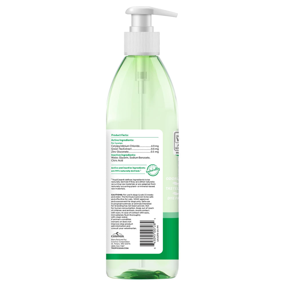 TropiClean Fresh Breath Water Additive closeup on dog with long-lasting breath freshness