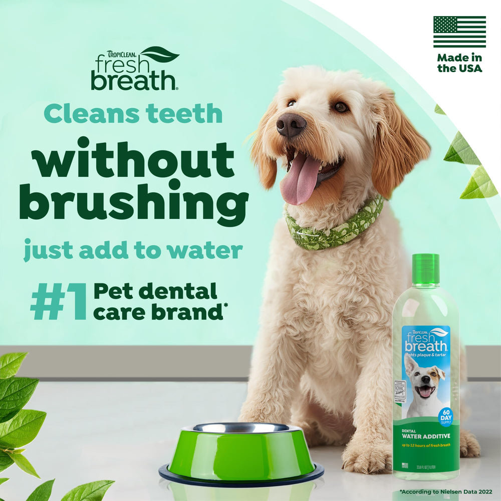 TropiClean Fresh Breath Water Additive in-use with dog drinking shows long-lasting freshness