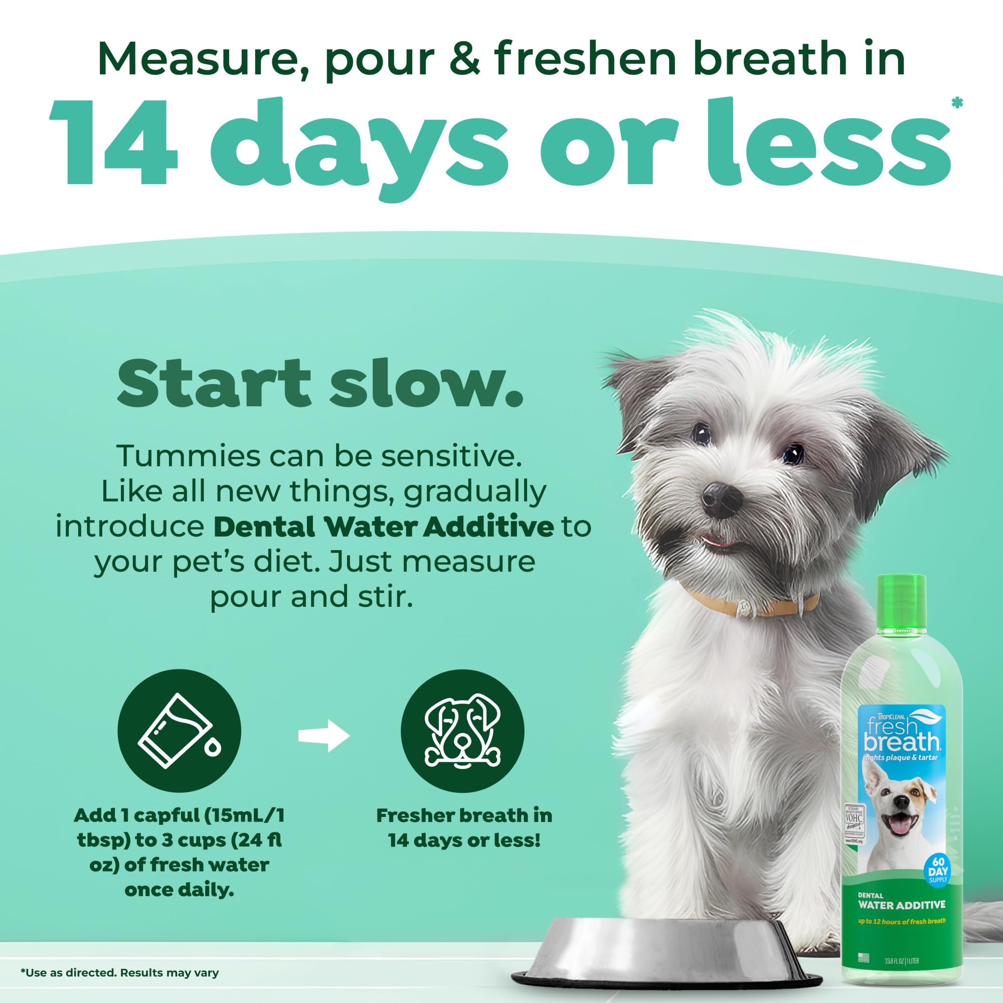 TropiClean Fresh Breath Water Additive dog drinks water during routine.