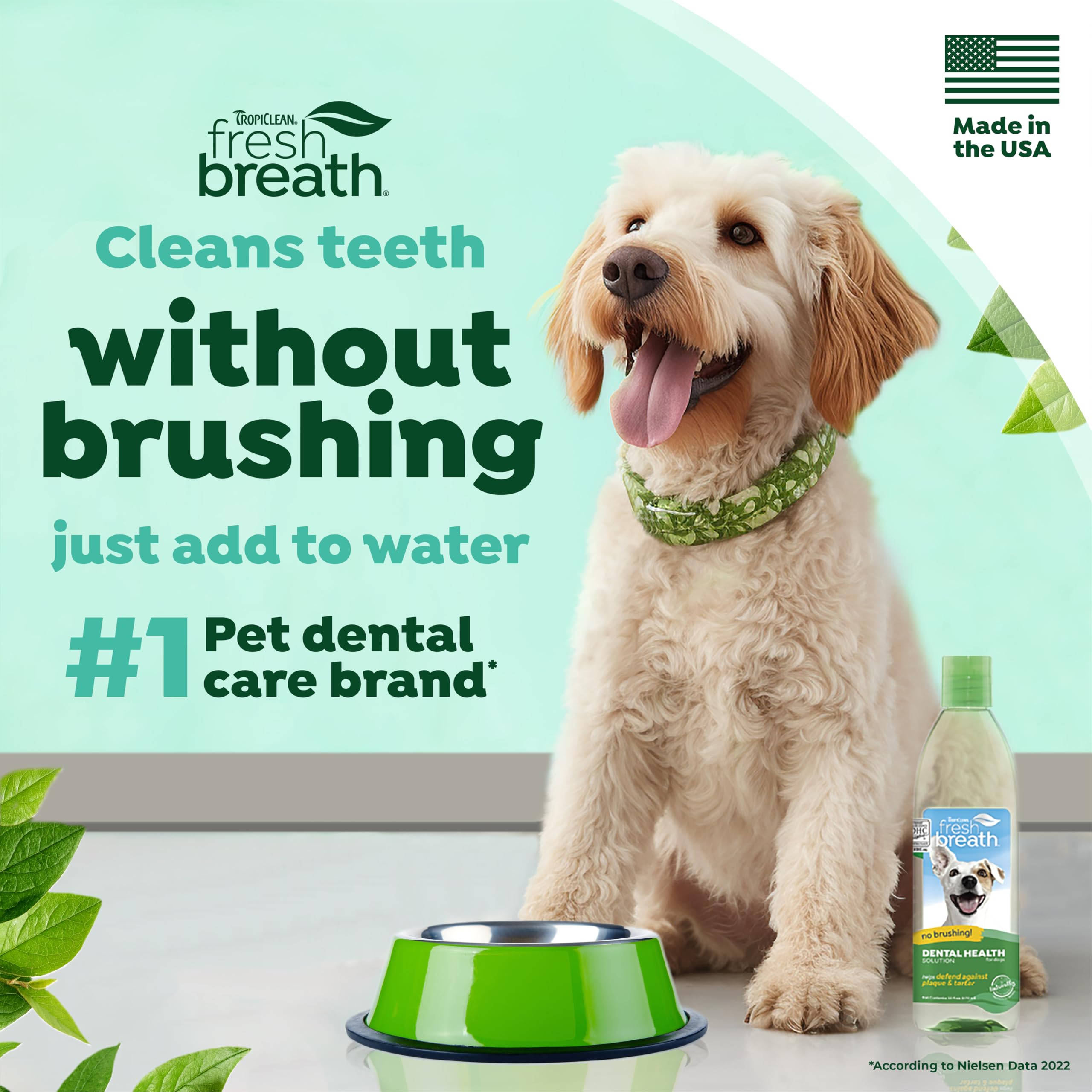 TropiClean Fresh Breath Water Additive dosing-cap highlights measuring doses for safe daily use.