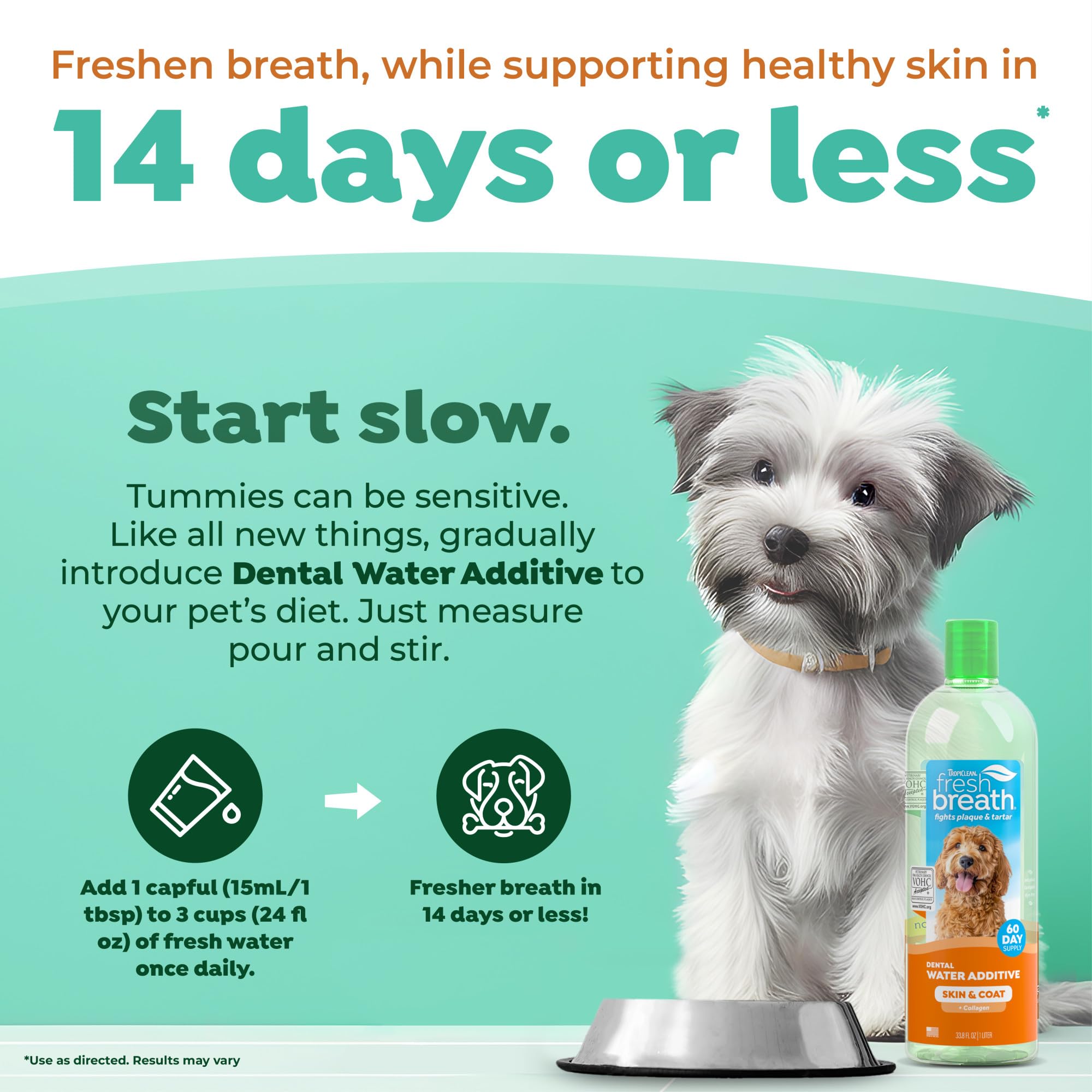 TropiClean Fresh Breath Water Additive dosing guide demonstrates half-dose for sensitive stomachs
