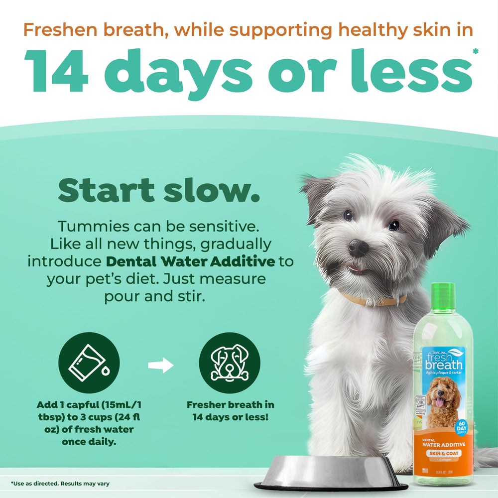 TropiClean Fresh Breath Water Additive dosing guide demonstrates half-dose for sensitive stomachs