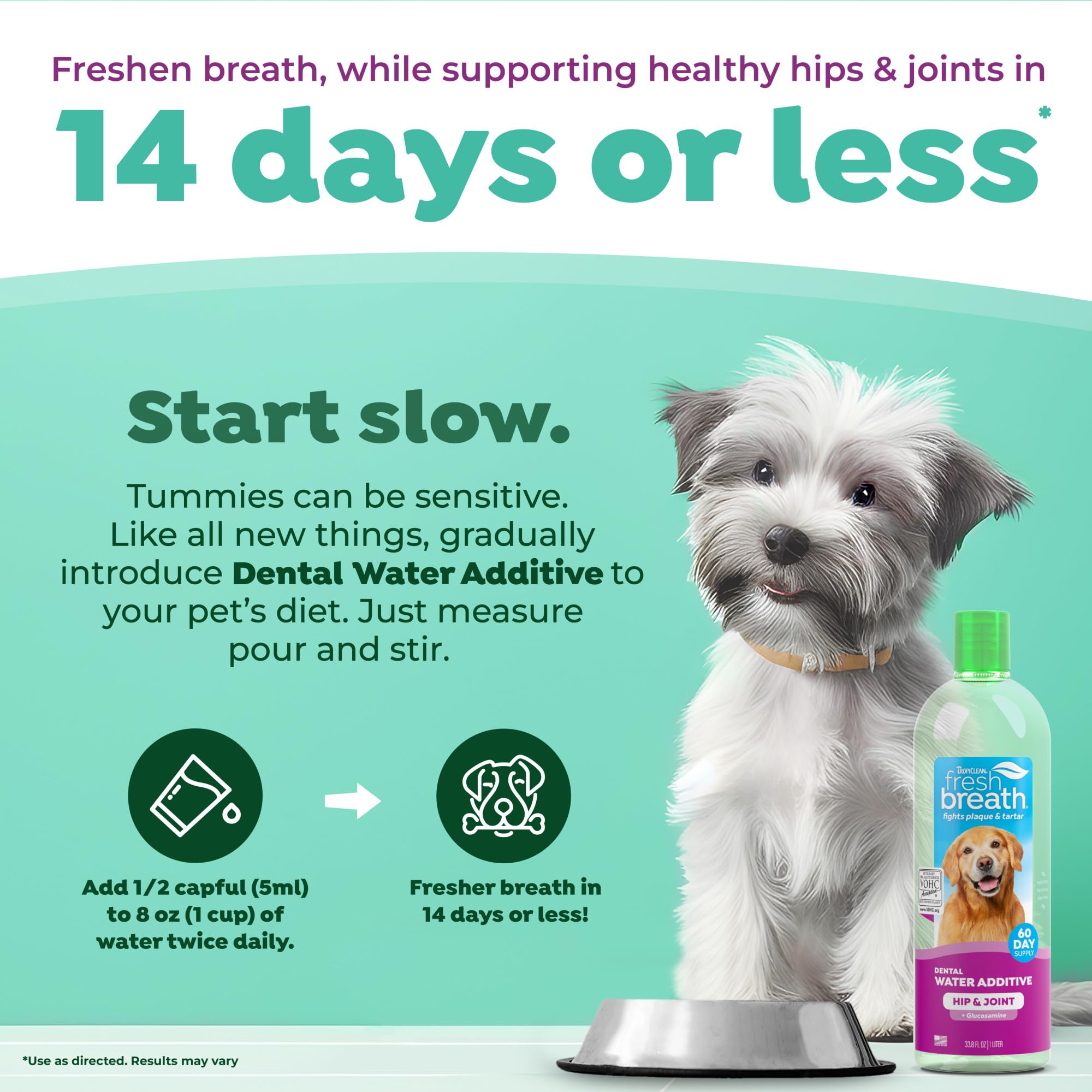 TropiClean Fresh Breath Water Additive packaging highlights glucosamine for joint support