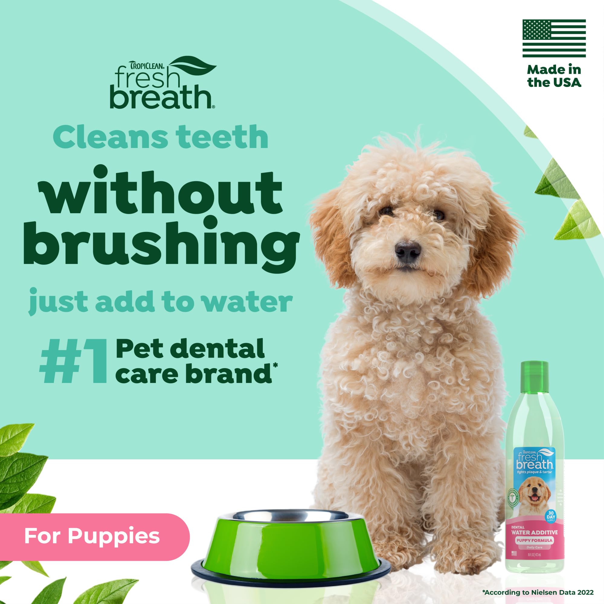 TropiClean Fresh Breath Water Additive label closeup: clear directions for safe administration.