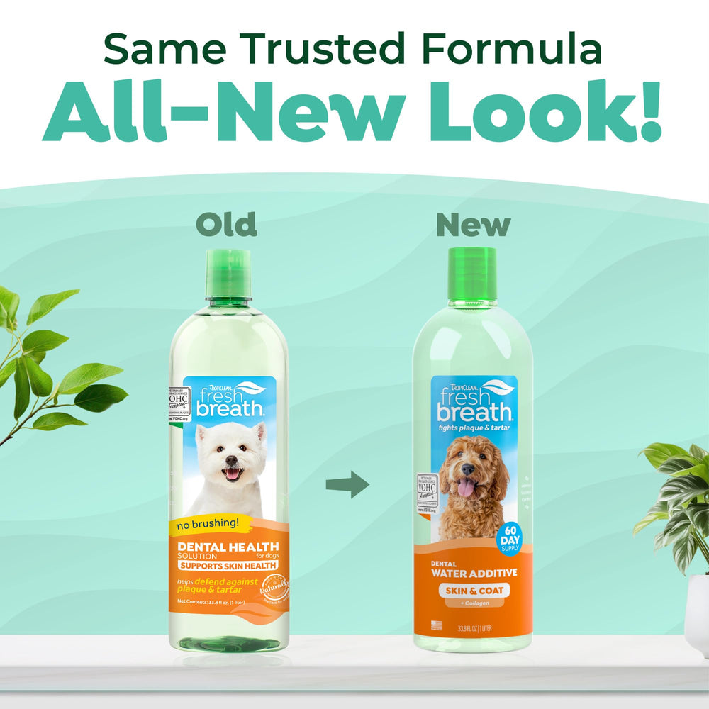 TropiClean Fresh Breath Water Additive label closeup emphasizes VOHC acceptance and collagen benefits