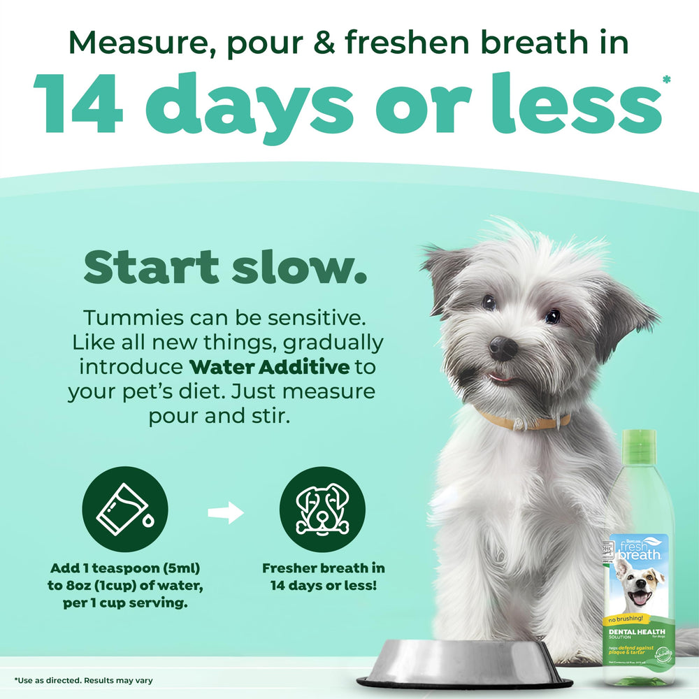 TropiClean Fresh Breath Water Additive measuring-caps shows simple 8 oz water integration.