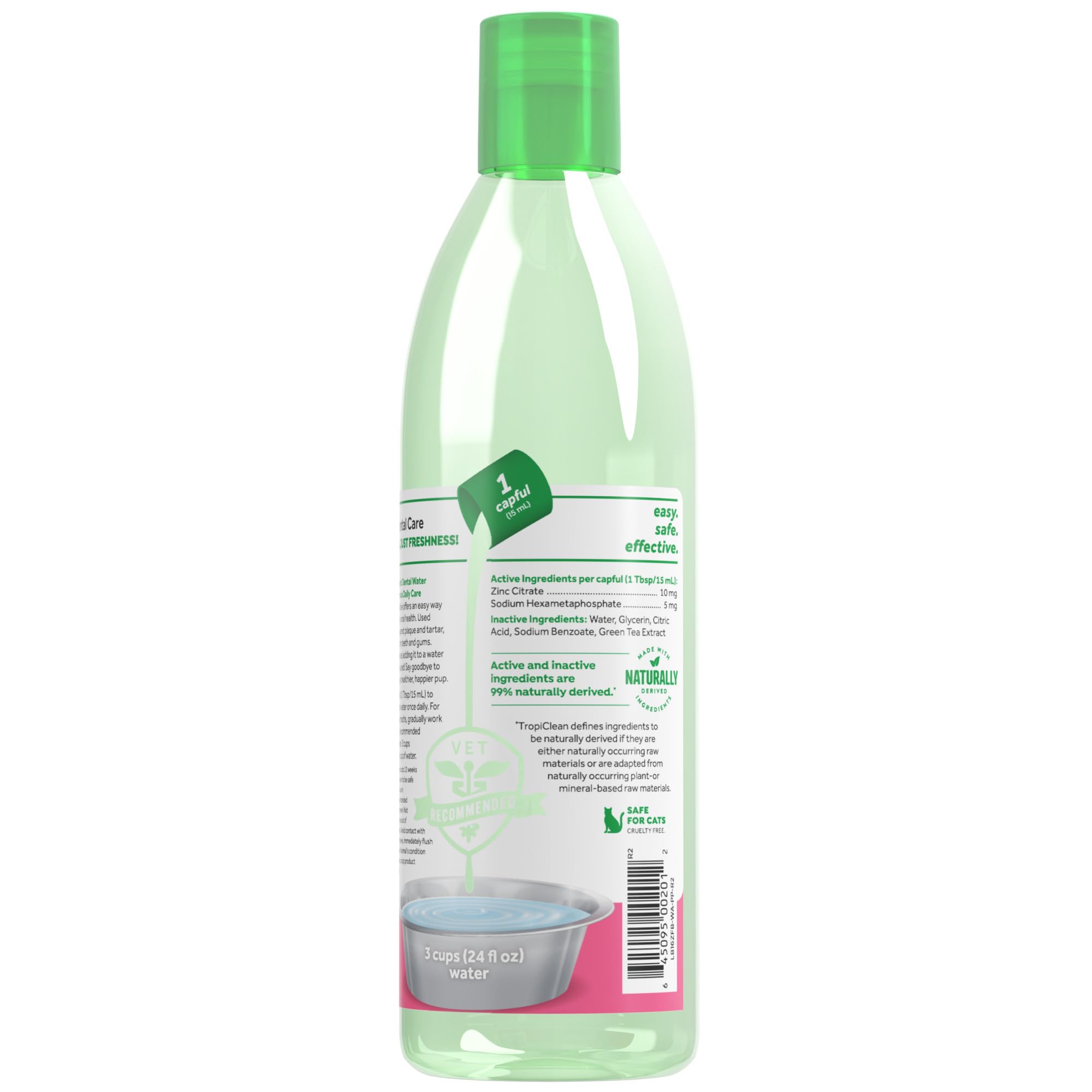 TropiClean Fresh Breath Water Additive bottle pour: tasteless breath freshening for puppies.