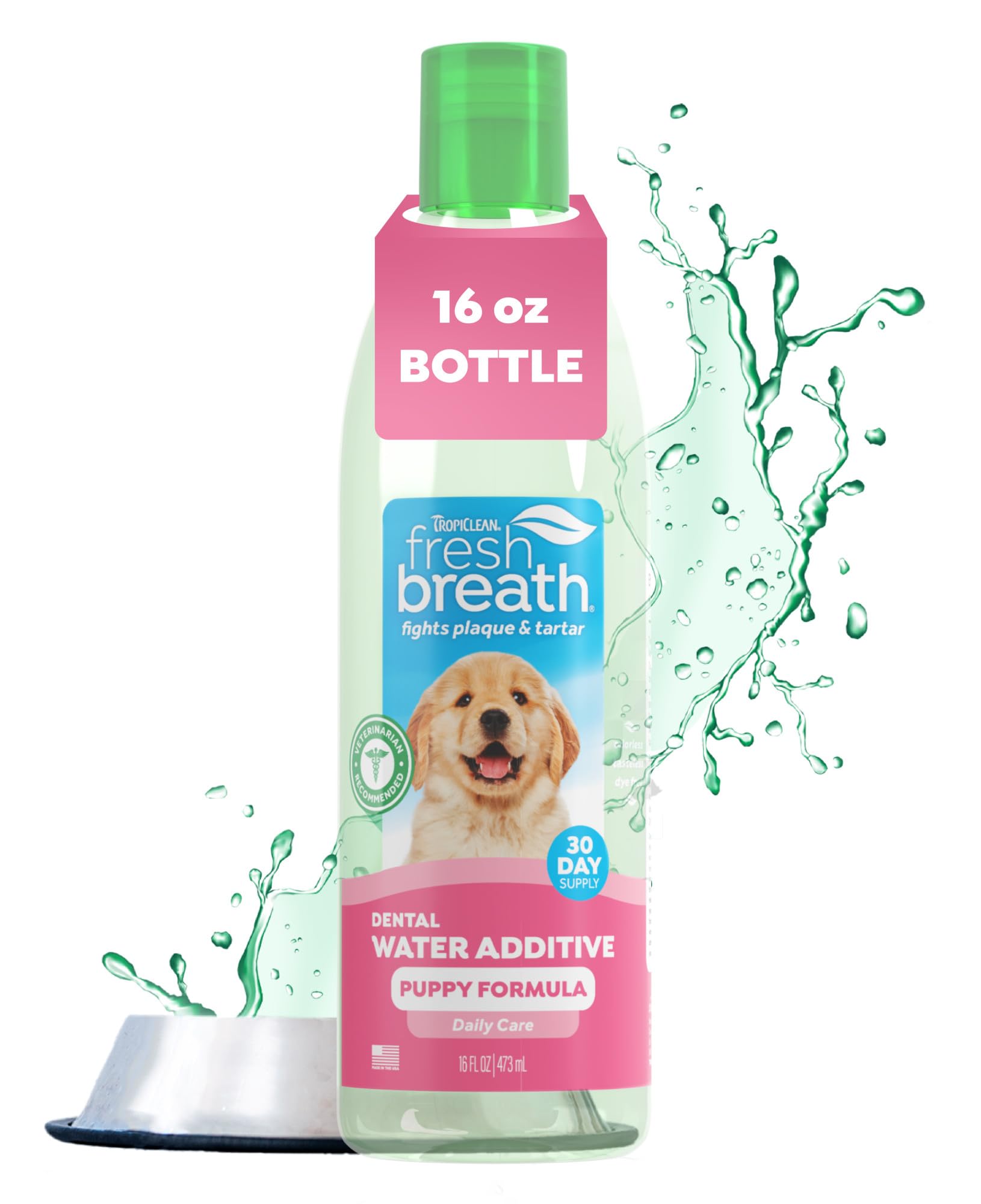 TropiClean Fresh Breath Water Additive puppy bottle image: easy, toothpaste-free oral care for dogs.