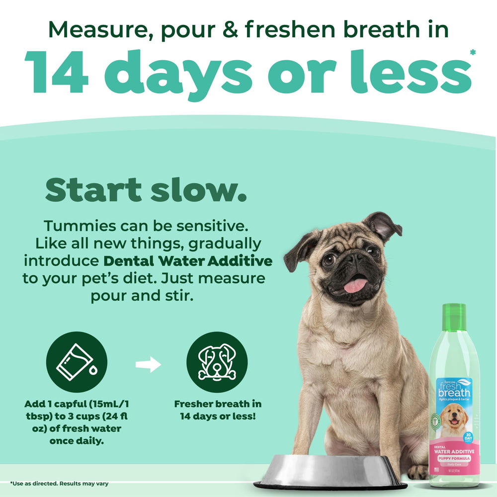 TropiClean Fresh Breath Water Additive puppy-mouthcare-setup: easy routine without brushing.