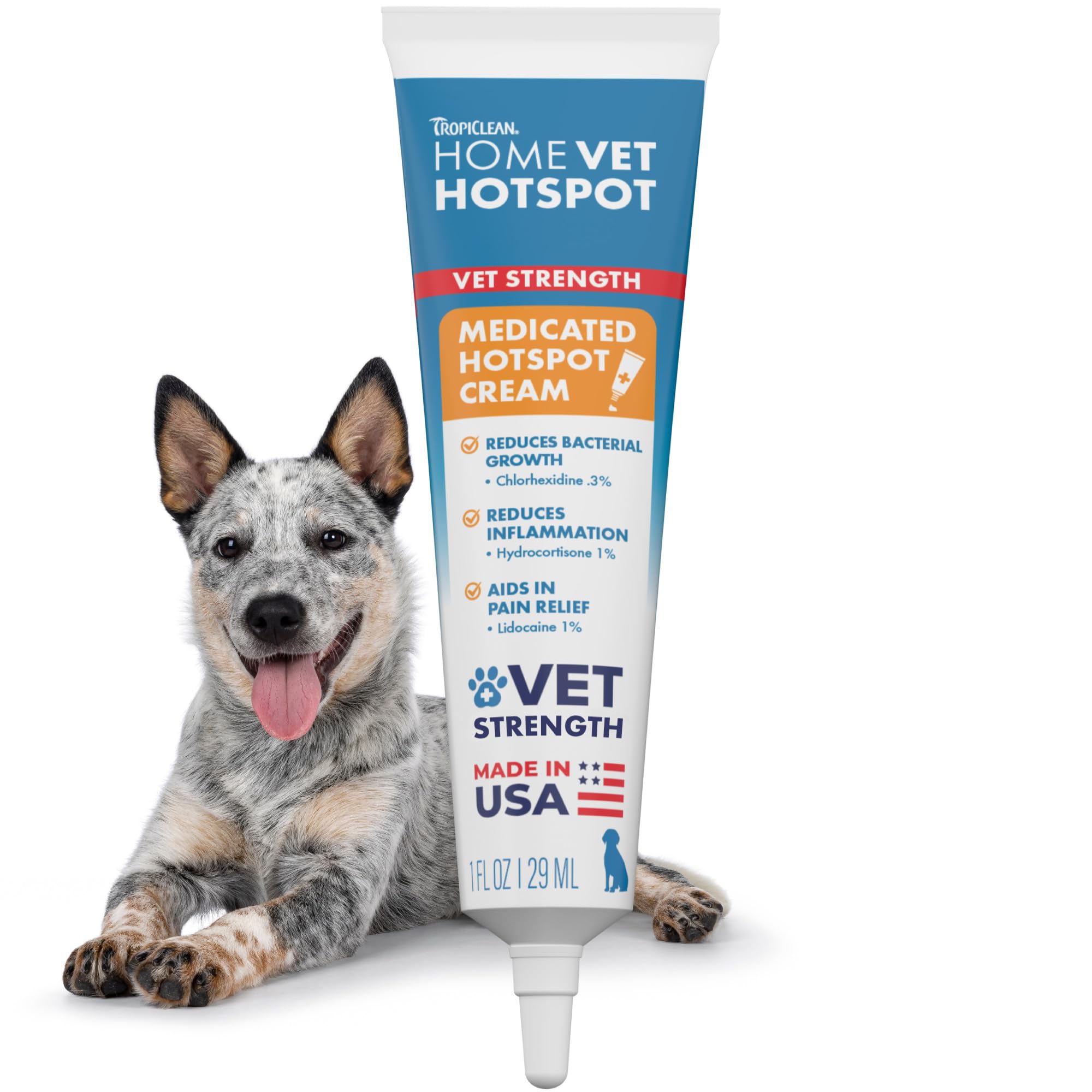 TropiClean HomeVet medicated cream tube front for fast itch relief.