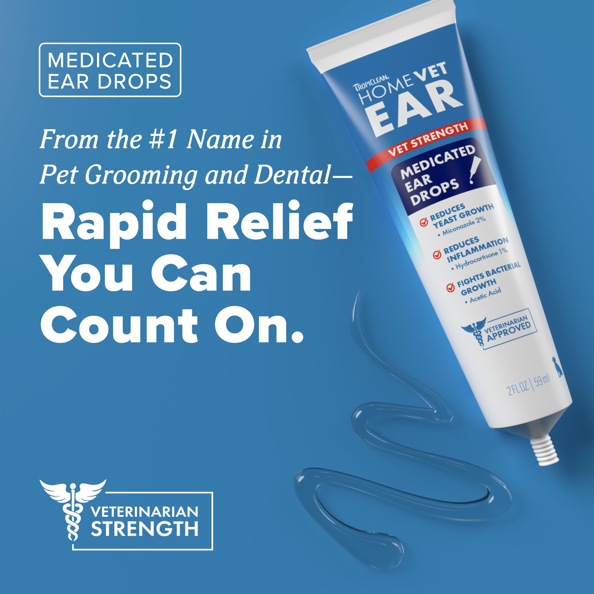 TropiClean HomeVet medicated ear drops ingredients close-up for fungal and yeast care